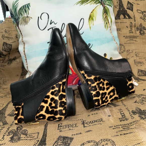 Michael Kors Black Leather/Leopard Print Calf Hair Side Zip Ankle Boots Size 8 - Picture 10 of 13